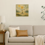 白い壁にS4サイズの額無しキャンバス絵画を飾ったリビング。ソファとクッション、サイドテーブル、観葉植物が調和する落ち着いた空間。