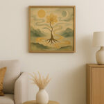 リビングの壁に飾られたS6サイズの額入り写意画。太陽と月に照らされる幻想的な花が描かれ、ナチュラルな木製家具と共鳴している。