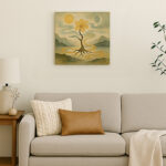 白い壁にS6サイズの額無しキャンバス絵画を飾ったリビング。ソファとクッション、サイドテーブル、観葉植物が調和する落ち着いた空間。