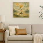 白い壁にS6サイズの額無しキャンバス絵画を飾ったリビング。ソファとクッション、サイドテーブル、観葉植物が調和する落ち着いた空間。