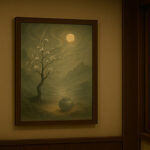 和室の障子の横に掛けられた写意画。月明かりに照らされた木と壺が描かれている。