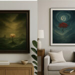 リビングルームのインテリアに飾られた二枚の写意画。左は荒波に咲く白蓮を描いた絵画、右は渦巻く天空に浮かぶ赤い樹を描いた絵画。