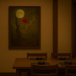 和食料理店の個室に飾られた写意画。月夜の下に咲く赤い花を描いた作品が、落ち着いた和の雰囲気を引き立てています。