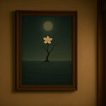 木製の額に入った白い花の写意画が、月明かりに照らされた海とともに旅館の和室に飾られています。静謐な和の空間に調和するように、絵が幻想的な雰囲気を演出しています。