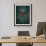 モダンなオフィスの壁に掛けられた額入り写意画。中心に赤い樹が描かれ、渦巻く天空の光が幻想的な雰囲気を演出している。