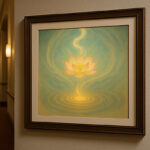 コンサートホールの廊下の壁に額装された蓮の写意画。柔らかな照明に照らされ、静謐な雰囲気を演出している。