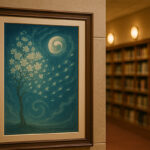 図書館の壁に飾られた写意画。満月と舞う花びらを描いた幻想的な絵画が、書架の並ぶ空間を優しく照らしている。