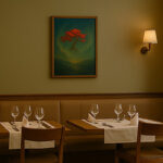 落ち着いた洋食レストランの壁に掛けられた赤い無根樹の写意画。温かな照明とテーブルセッティングが、絵画の幻想的な雰囲気を引き立てています。