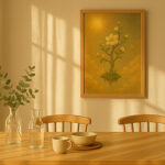 木漏れ日の中でダイニングに飾られた黄色の花の写意画