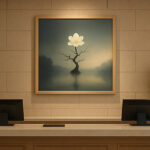 ホテルのフロントデスクに飾られた幻想的な写意画