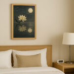 ホテルのベッドルームに掛けられた、月と水面に映る無根樹の花の写意画。モダンで落ち着いた空間に芸術的な調和をもたらす。