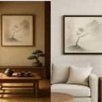 和室と洋室に飾られた、山水を背景にした写意画。静謐な雰囲気を持ち、どちらの空間にも自然な調和をもたらす。