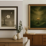 リビングの壁に額装された二枚の写意画。左は月夜に白い花を咲かせる木、右は暗い海に光り輝く蓮が浮かぶ絵画。