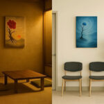 和室の畳の間に飾られた赤い花の写意画と、モダンな待合室の白壁に飾られた青い花の写意画。